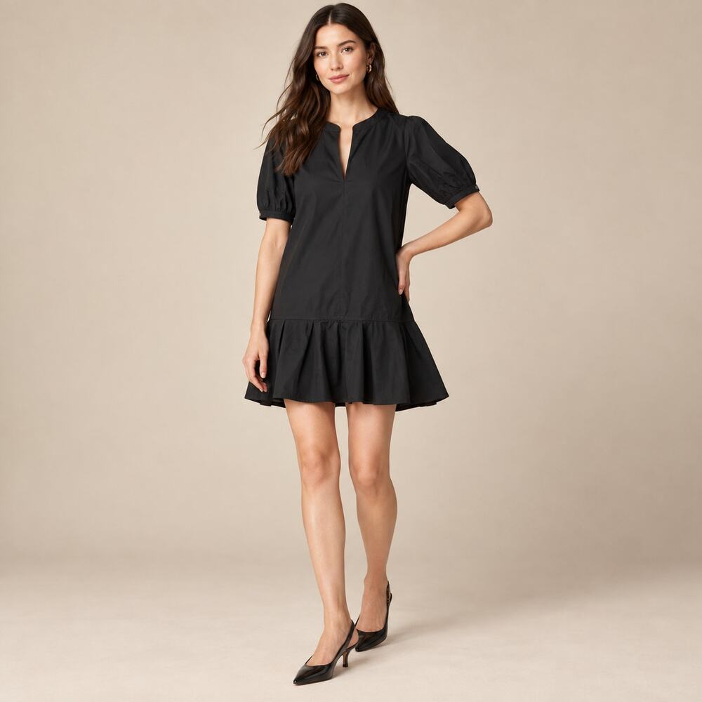 J.Crew Delilah Dress WMNS XXS Black Drop Waist Puff Sleeve Cotton Poplin Preppy